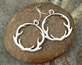 Antler Earrings, Silver Antler Earrings, Antler Dangles, Whitetail Antler Earrings, Silver Deer Earrings, Druid Antler Earrings