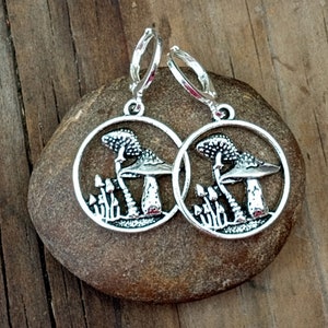 Silver Mushroom Earrings, Mushroom Silhouette Earrings, Mushroom Dangles, Woodland Mushroom Earrings, Cottage Mushroom Earrings Lever Back