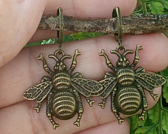 Bumblebee Earrings, Large Bee Jewelry, Honey Bee Dangles, Bronze Bee Earrings,  Honeybee Dangles, Bronze Bee Jewelry, Big Bee Jewelry