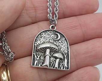 Mushroom and Moon Pendant, Moon and Mushroom Necklace, Pagan Mushroom Necklace, Wiccan Mushroom Pendant