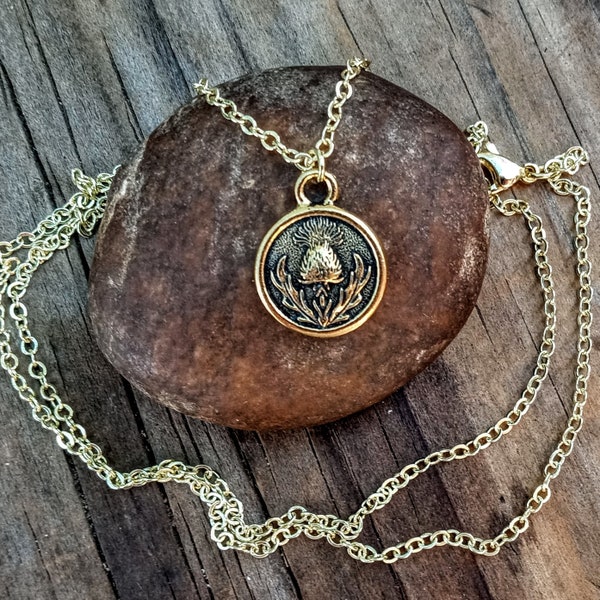 Thistle Pendant, Gold Thistle Necklace, Small Thistle Necklace, Scottish Thistle Jewelry, Celtic Pendant , Celtic Coin Medallion