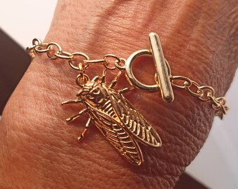 Gold Cicada Charm Bracelet, Cicada Toggle Charm Bracelet