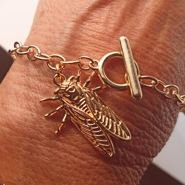 Gold Cicada Charm Bracelet, Cicada Toggle Charm Bracelet