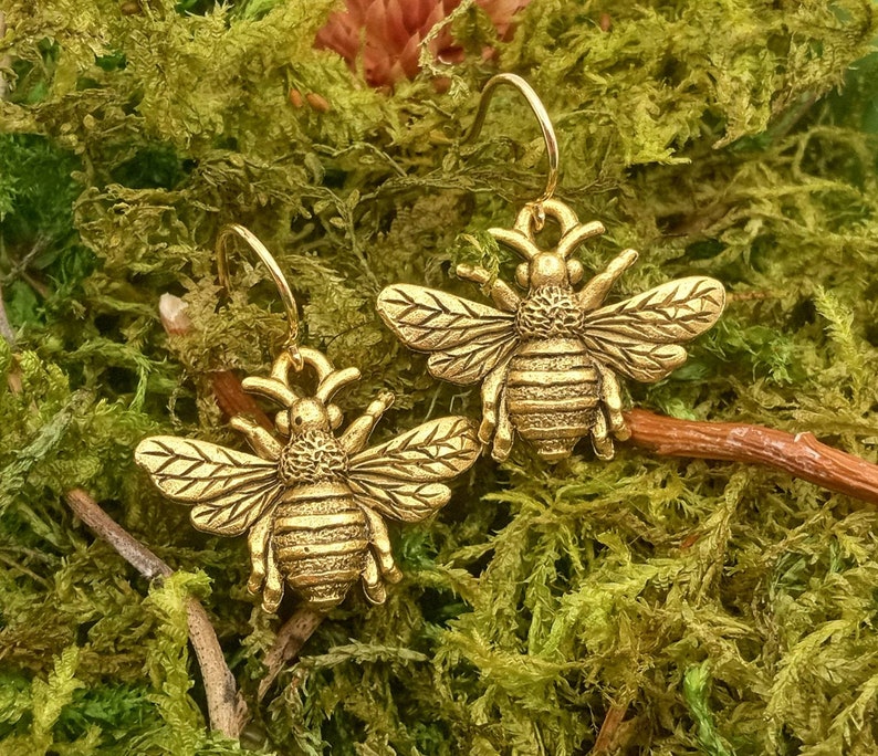 Gold Bee Earrings, Gold Honeybee Earrings, Honey Bee Dangles, Realistic Gold Bee Dangles, Minimalist Bee Earrings image 5