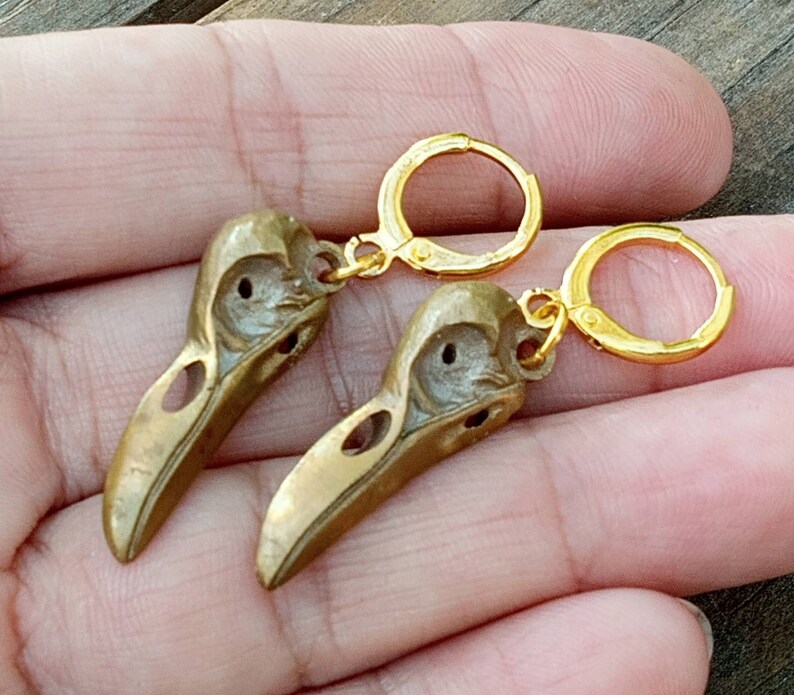 Raven Skull Earrings, Crow Skull Jewelry, Bird Skull Dangles, Gold Raven Skull Earrings, Bird Skull Jewelry, Goth Bird Jewelry, Wiccan Birds image 5