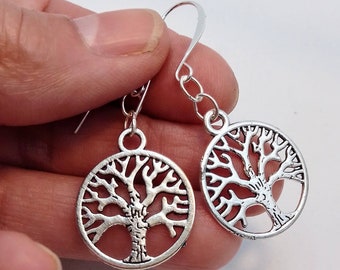 Tree Earrings, Silver Tree Earrings, Pewter Tree Earrings, Tree Earrings, Simple Tree Earrings, Silver Tree Earrings, Dangle Tree Earrings
