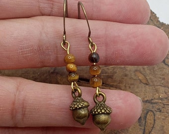 Acorn Earrings, Acorn Dangles, Tiger Eye Earrings with Acorns, Bronze Acorn Earrings, Fall Acorn Dangles