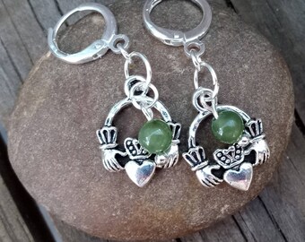 Claddagh Earrings, Claddagh Earrings with Natural Stone Beads, Silver Claddagh Earrings, Claddagh Earrings with Green Agate Beads