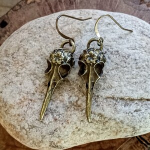 Bronze Bird Earrings, Raven Skull Earrings,  Bird Skull Earrings, Bird Skull Dangles, Goth Bird Earrings