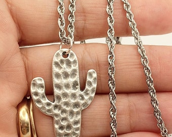 Pewter Cactus Necklace: Hammered Saguaro Pendant, Stainless Steel Chain