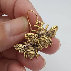 Gold Bee Earrings, Gold Honeybee Earrings, Honey Bee Dangles, Realistic Gold Bee Dangles, Minimalist Bee Earrings French Hook (Shown)