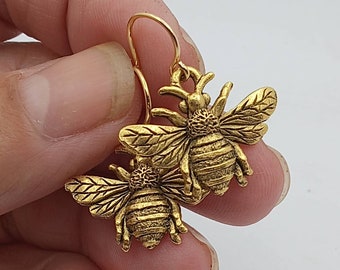 Gold Bee Earrings, Gold Honeybee  Earrings, Honey Bee Dangles, Realistic Gold Bee Dangles, Minimalist Bee Earrings