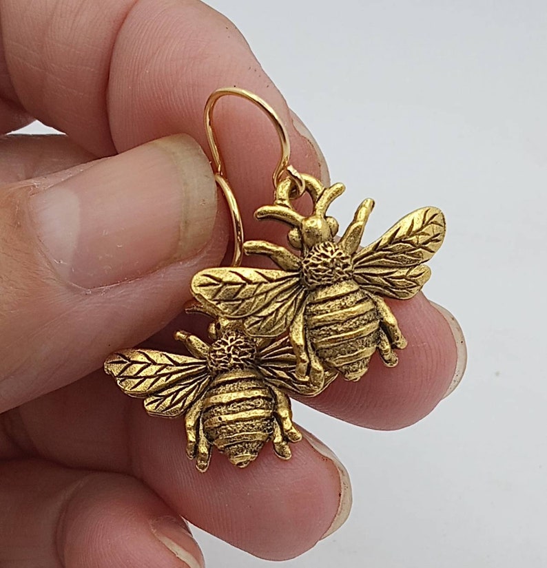 Gold Bee Earrings, Gold Honeybee Earrings, Honey Bee Dangles, Realistic Gold Bee Dangles, Minimalist Bee Earrings image 1