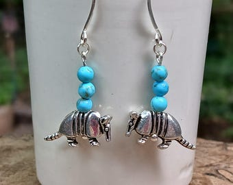 Silver and Turquoise Armadillo Earrings, Silver Armadillo Earrings with Turquoise Beads, Pewter Armadillo Earrings with Turquoise Beads