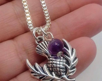 Celtic Thistle Necklace: Natural Amethyst Bead, Silver Plate Chain