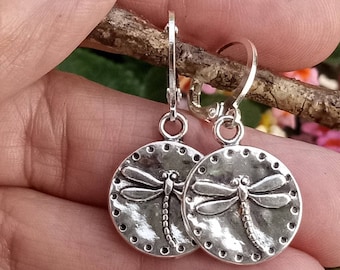 Dragonfly Dangles, Silver Dragonfly Earrings, Dragonfly Circle Earrings, Silver Lever Back Dragonfly Dangles, French Hook Dragonfly Dangles