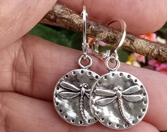 Silver Dragonfly Earrings: Lever Back Dangle Earrings
