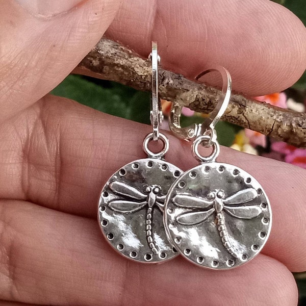 Dragonfly Dangles, Silver Dragonfly Earrings, Dragonfly Circle Earrings, Silver Lever Back Dragonfly Dangles, French Hook Dragonfly Dangles