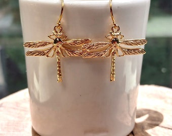 Gold Dragonfly Dangle Earrings: Insect Lover Jewelry