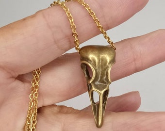 Bronze Bird Skull Pendant, Gold Bird Skull Necklace, Raven Skull Pendant, Minimalist Bird Skull Jewelry, Bird Skull Necklace