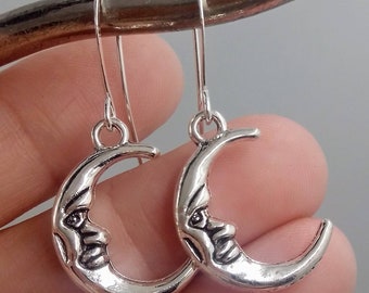 Minimalist Silver Crescent Moon Dangles, Moon Earrings, Man in the Moon Earrings, Minimalist Silver Moon Earrings, Pewter Moon Earrings