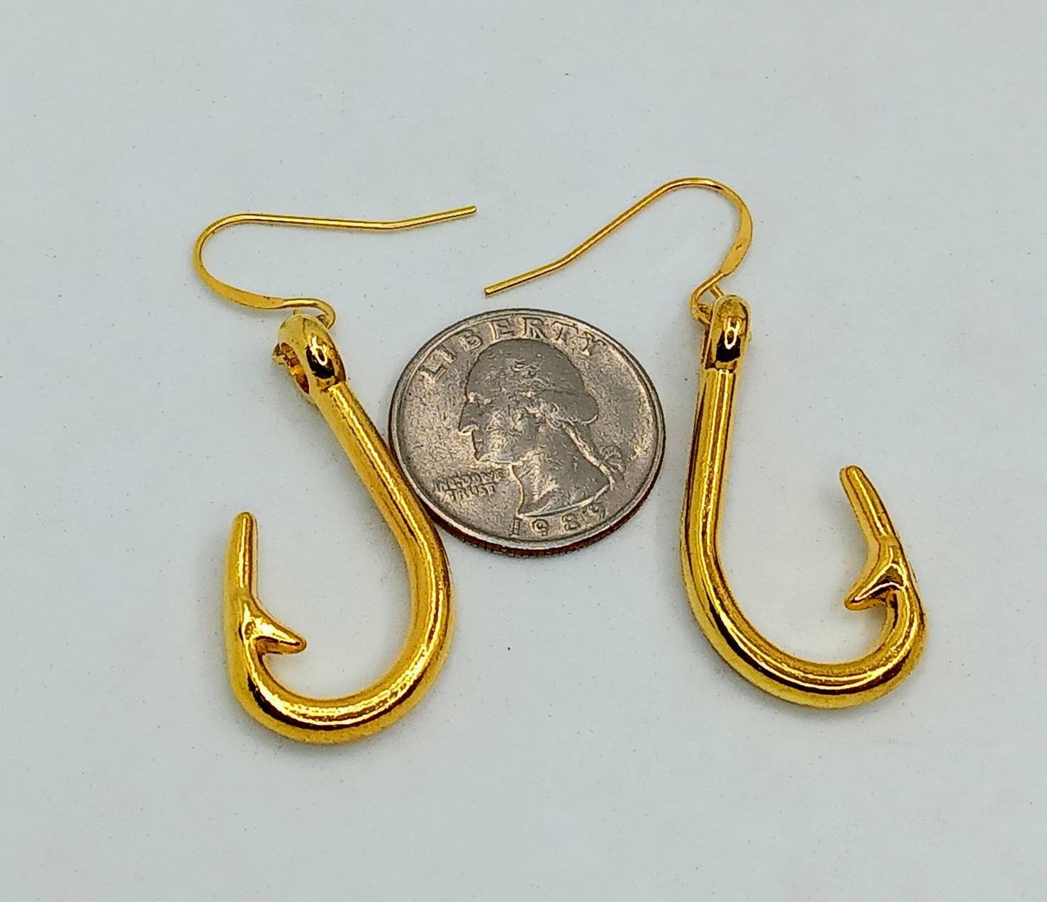 Large Gold Fishing Hook Earrings, Gold Fishing Earrings, Fishing
