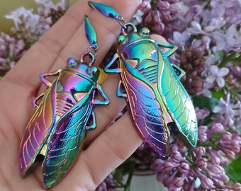 Rainbow Cicada Earrings, Large Rainbow Cicada Dangles, Statement Cicada Earrings