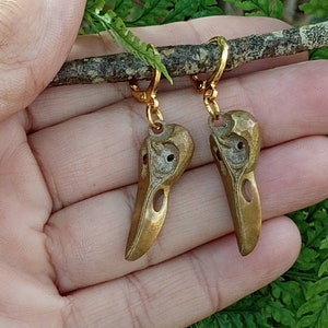 Raven Skull Earrings, Crow Skull Jewelry, Bird Skull Dangles, Gold Raven Skull Earrings, Bird Skull Jewelry, Goth Bird Jewelry, Wiccan Birds image 6