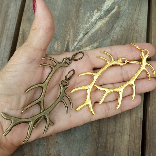 Antler Earrings, Antler Dangles, Gold Antler Jewelry, Elk Antler Jewelry, Large Antler Earrings,  Bronze Antler Jewelry, Deer Hunter Gift