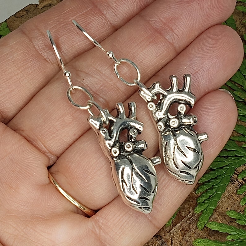 Anatomical Heart Earrings, Silver Anatomy Earrings,Chunky Heart Dangles, Goth Heart Dangles, Cardiology Earrings, Halloween Dangles Bild 8