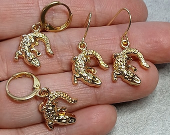 Gold Alligator Earrings, Crocodile Earrings, Florida Alligator Dangles, Gold Gator Dangles, Crocodile Dangles, Alligator Lover Jewelry