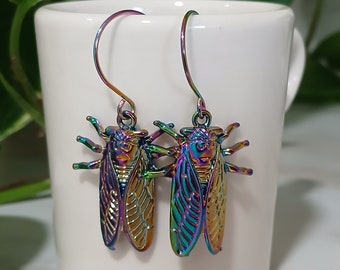 Rainbow Cicada Earrings, Rainbow Cicada Hoops, Cicada Hoop Earrings, LGBTQ Cicada Dangles, Rainbow Cicada Jewelry, Cicada Lover Gift