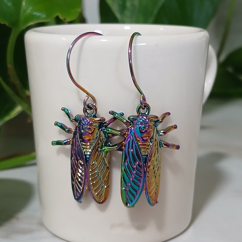 Rainbow Cicada Earrings, Rainbow Cicada Hoops, Cicada Hoop Earrings, LGBTQ Cicada Dangles, Rainbow Cicada Jewelry, Cicada Lover Gift image 1