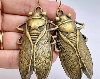 Large Bronze Cicada Dangle Earrings: Detailed Insect Jewelry