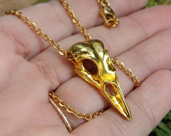 Gold Bird Skull Pendant Necklace: Minimalist Goth Pagan Jewelry