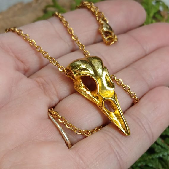Gold Bird Skull Pendant Necklace: Minimalist Goth Pagan Jewelry