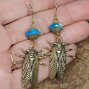 Gold Cicada Earrings, Cicada Bead Dangles, Cicada Dangles with Czech Glass Beads, Cicada Lover Jewelry, Entomology Gift Earrings