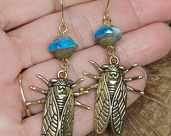 Gold Cicada Earrings, Cicada Bead Dangles, Cicada Dangles with Czech Glass Beads, Cicada Lover Jewelry, Entomology Gift Earrings