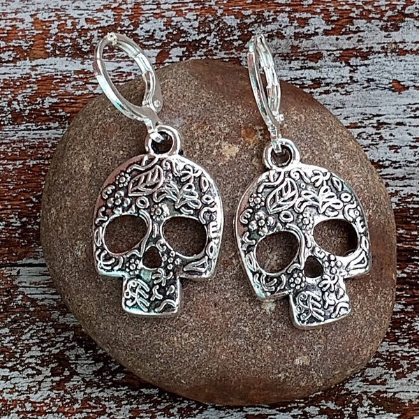 Sugar Skull Dangles, Sugar Skull Earrings, Day of the Dead Earrings, Silver Sugar Skull, Dio de los Muertos Earrings, Fancy Skull Earrings