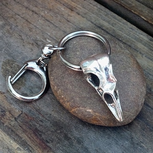 Raven Skull Bag Charm, Raven Skull Key Chain, Silver Bird Skull Key Clip
