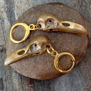 Raven Skull Earrings, Crow Skull Jewelry, Bird Skull Dangles, Gold Raven Skull Earrings, Bird Skull Jewelry, Goth Bird Jewelry, Wiccan Birds image 1