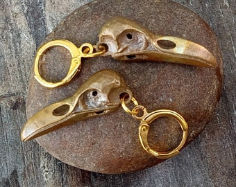 Raven Skull Earrings, Crow Skull Jewelry, Bird Skull Dangles, Gold Raven Skull Earrings, Bird Skull Jewelry, Goth Bird Jewelry, Wiccan Birds
