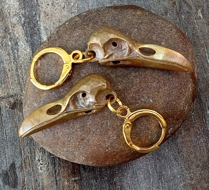 Raven Skull Earrings, Crow Skull Jewelry, Bird Skull Dangles, Gold Raven Skull Earrings, Bird Skull Jewelry, Goth Bird Jewelry, Wiccan Birds image 1