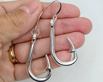 Large Silver Fish Hook Earrings - Silver Fishing Earrings