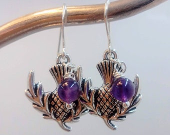 Thistle Earrings with Natural Amethyst Beads, Silver Thistle and Amethyst Dangle Earrings, Amethyst and Thistle Earrings, Thistle Earrings