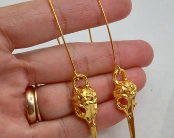 Gold Bird Dangles - Bird Skull Earrings - Goth Bird Skull Earrings - Raven Skull Jewelry - Gold Larp Jewelry