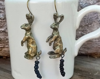 Rabbit Earrings with Rabbit Raisins, Funny Bunny Dangles, Year of the Rabbit  Jewelry, Rabbit Lover Gift, Bronze Rabbit Jewelry