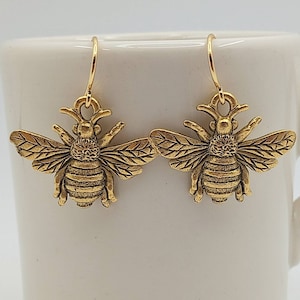 Gold Bee Earrings, Gold Honeybee Earrings, Honey Bee Dangles, Realistic Gold Bee Dangles, Minimalist Bee Earrings image 3