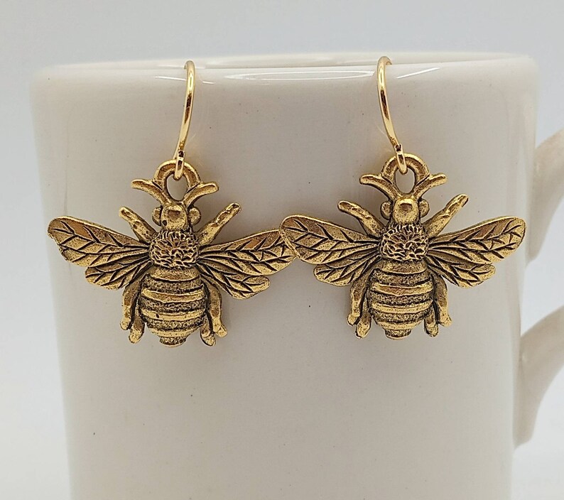 Gold Bee Earrings, Gold Honeybee Earrings, Honey Bee Dangles, Realistic Gold Bee Dangles, Minimalist Bee Earrings image 3