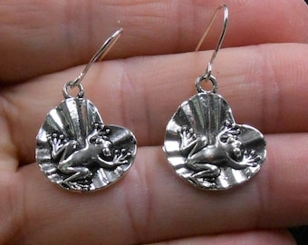 Silver Frog Earrings: Lily Pad Dangles, Nature Lover Gift